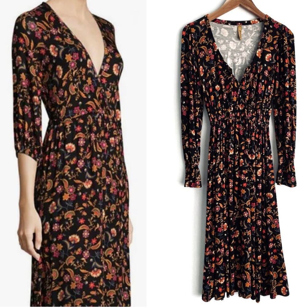 Rachel Pally folklore pattern long sleeve tie neckline floral print dress sz xs